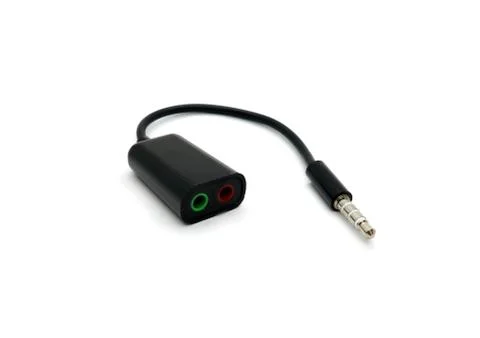 Audio adapter with two microphone and headphone jacks isolated on white backg Stock Photos
