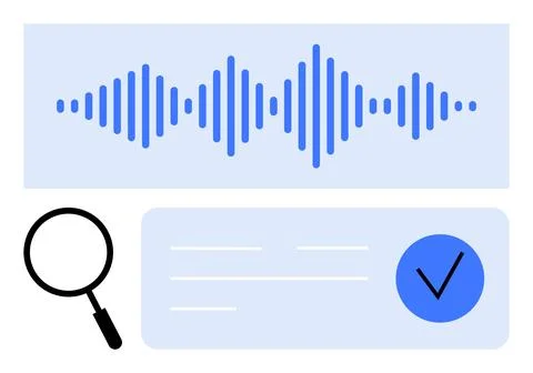 Audio Analysis with Waveform, Search Icon, and Check Mark for Verification Stock Illustration