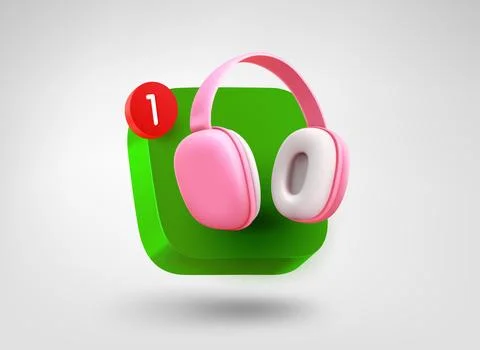 Audio app button with headphones. 3d vector mobile application icon Stock Illustration