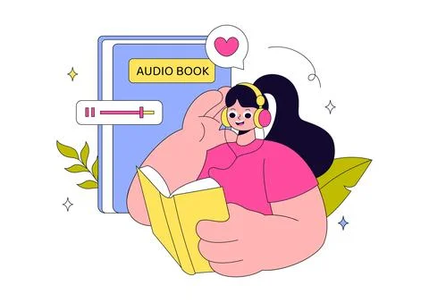 Audio Book Illustration Featuring Digital Audiobook Streaming, Mobile Learn.. イラスト素材
