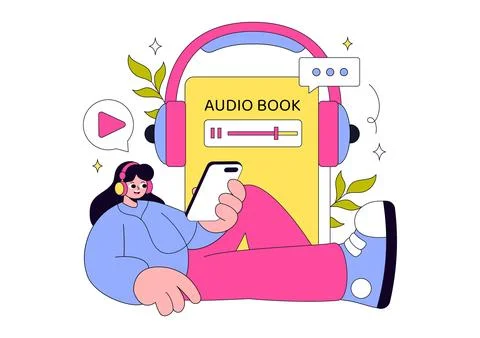 Audio Book Illustration Featuring Digital Audiobook Streaming, Mobile Learn.. イラスト素材