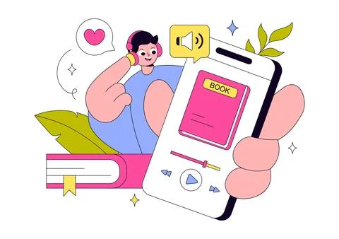 Audio Book Illustration Featuring Digital Audiobook Streaming, Mobile Learn.. イラスト素材