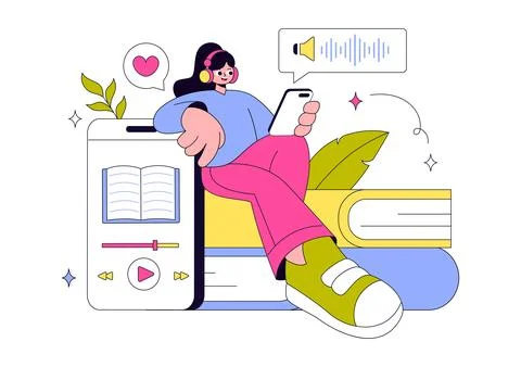 Audio Book Illustration Featuring Digital Audiobook Streaming, Mobile Learn.. イラスト素材