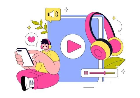 Audio Book Illustration Featuring Digital Audiobook Streaming, Mobile Learn.. イラスト素材