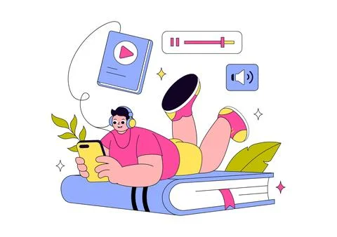 Audio Book Illustration Featuring Digital Audiobook Streaming, Mobile Learn.. イラスト素材
