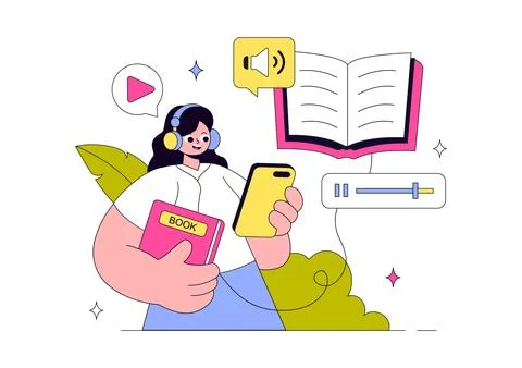 Audio Book Illustration Featuring Digital Audiobook Streaming, Mobile Learn.. Иллюстрация