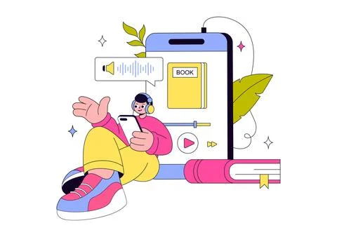 Audio Book Illustration Featuring Digital Audiobook Streaming, Mobile Learn.. イラスト素材