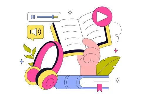 Audio Book Illustration Featuring Digital Audiobook Streaming, Mobile Learn.. Иллюстрация