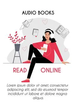 Audio books and e learning vertical poster brochure flyer concept. Girl Stock Illustration