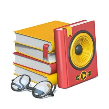 Audio books concept books with eyeglasses and loudspeaker 3D Stock Illustration