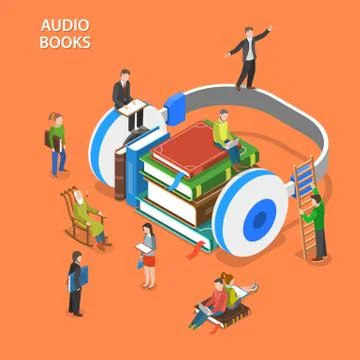Audio books isometric flat vector concept. Stock Illustration