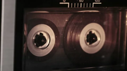 Vintage reel-to-reel tape recorder with spinning reels was made in