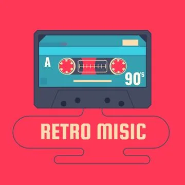 Audio cassette on red background. Retro music 90s. Stock Illustration