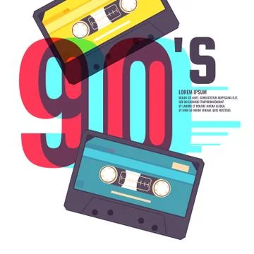 Audio cassette on red background. Retro music 90s. Stock Illustration