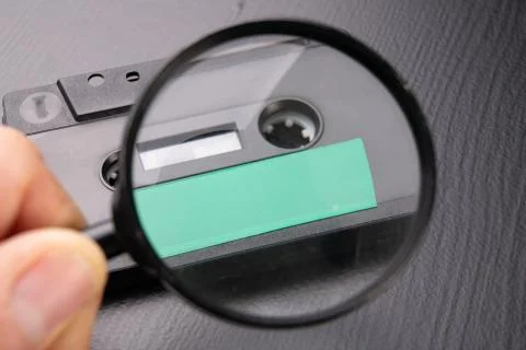 Audio cassette with space for text entry seen through magnifying glass. Casse 스톡 사진