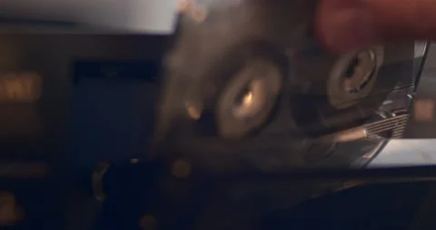 Audio Cassette Tape Machine. Putting Cassette Tape In and Playing. Macro, Sound. Stock Footage 167531496