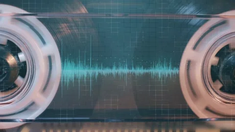 Audio cassette using visual audio signal. Motion graphics. The concept of retro  Stock Footage 113330056