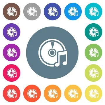 Audio CD flat white icons on round color backgrounds Stock Illustration
