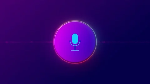 Audio command interface visual bright microphone , purple circular button, and t Stock Footage 340574020