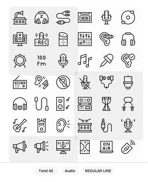 Audio Comprehensive Vector Bundle with 42 Pixel Aligned Regular Line 64x64 .. Stock Illustration