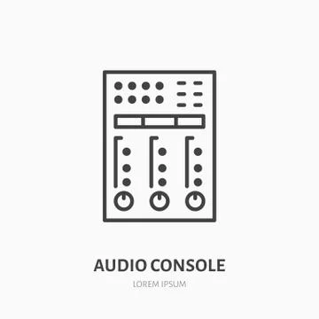 Audio console flat line icon. Sound board, audio equipment rental sign. Thin Stock Illustration