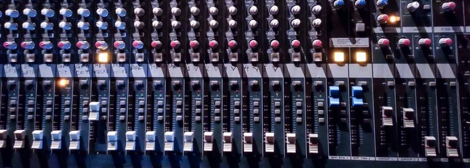 Audio Console.Amplifying Equipment That Adjusts Studio Audio Mixer Knobs Stock Photos