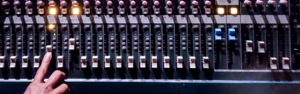 Audio Console.Amplifying Equipment That Adjusts Studio Audio Mixer Knobs Stock Photos