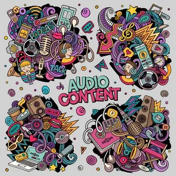 Audio content cartoon vector doodle designs set. Stock Illustration