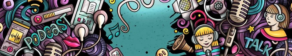 Audio Content doodle banner. Cartoon vector horizontal header 库存插图