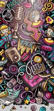 Audio Content hand drawn doodle banner. Cartoon vector detailed flyer. Stock Illustration