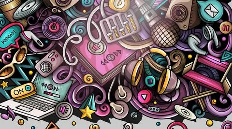 Audio Content hand drawn doodle banner. Cartoon vector detailed flyer. Stock Illustration