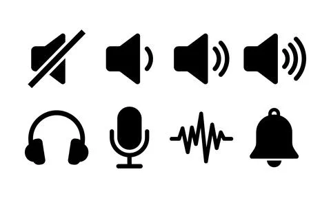 Audio control and speaker volume settings interface icon pack Stock Illustration
