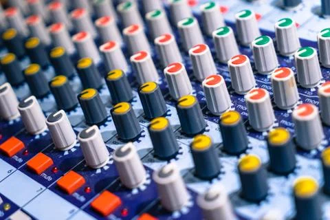 Audio control panel in the conference room in the audio control room. Stock Photos