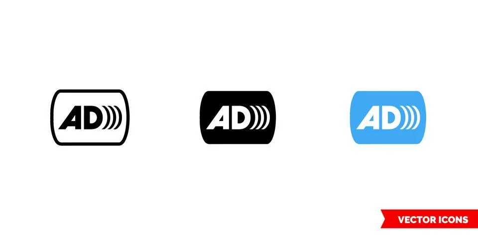 Audio description icon of 3 types color, black and white, outline. Isolated v Stock Illustration