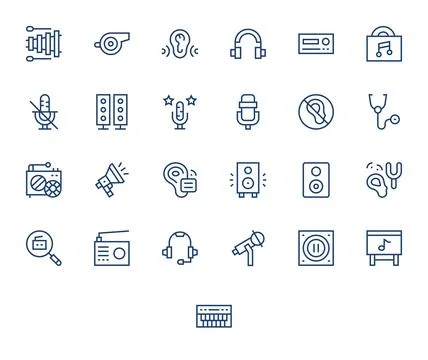 Audio Design Vector Icons featuring 25 PIXEL Perfect Regular Line Style Stock Illustration