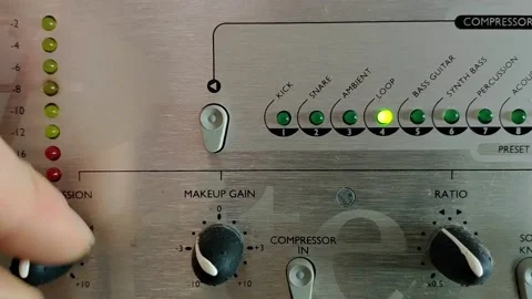 An audio device with knobs and horizontal LEDs. As a button is pressed a 動画素材 145114683