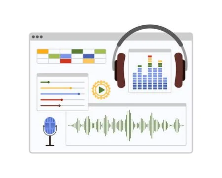 Audio editing and mixing software, window interface with headphones and Stockillustratie