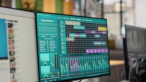 Audio editing interface, music production, DAW display with stereo controls Stockfoto's