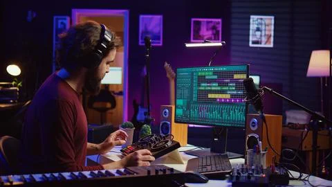 Audio engineer creating sound effects for a new soundtrack Fotos de archivo