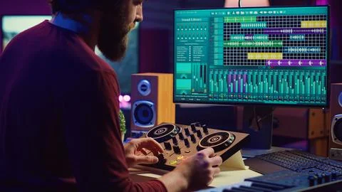 Audio engineer creating sound effects for a new soundtrack Fotos de archivo