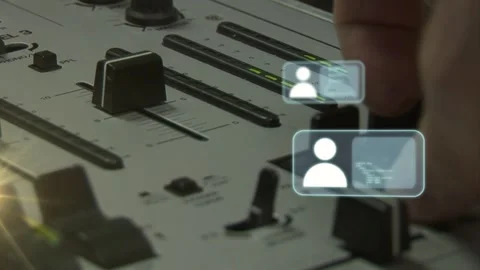 Audio engineer hand touching fader and nudging knob, summoning HUD profile cards Stock Footage 334768690