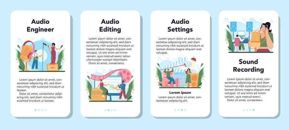 Audio engineer mobile application banner set. Music production industry Stock Illustration