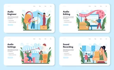 Audio engineer web banner or landing page set. Music production industry Stock Illustration