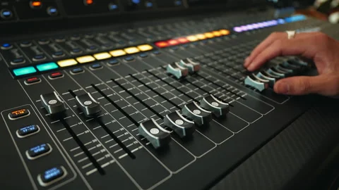 Audio Engineer Working On Digital PA Mixer Close Up Stock Footage 314714121