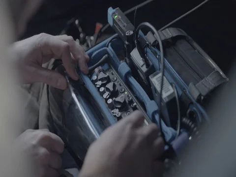 Audio engineers working on audio gear for sound recording Stock Footage 75760086