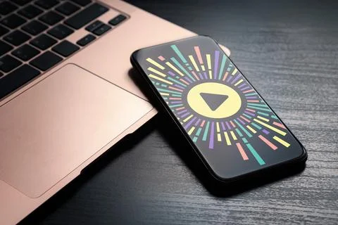 Audio Equalizer concept. Dynamic circle waves icon with a round play button Stock Illustration