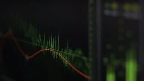 Audio equalizer waveform and meters in music production software Stock Footage 107993622
