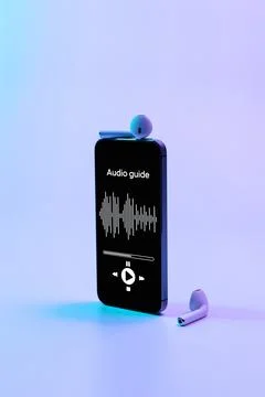 Audio excursion online app on digital mobile smartphone screen with music hea 写真素材