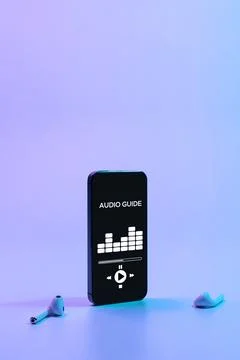 Audio excursion online app on digital mobile smartphone screen with music hea Stock Photos