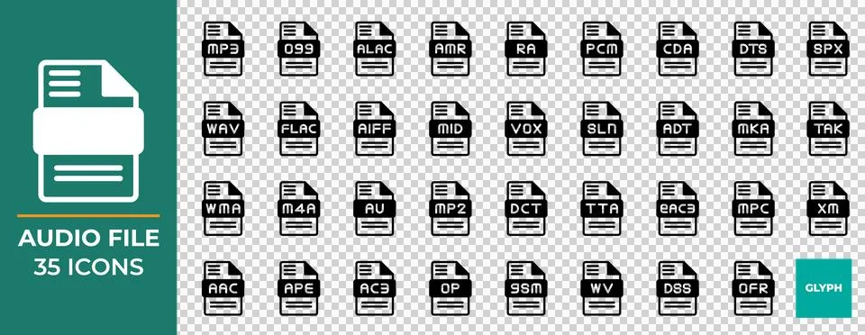 Audio file type icon set, vector solid icons collection Stock Illustration
